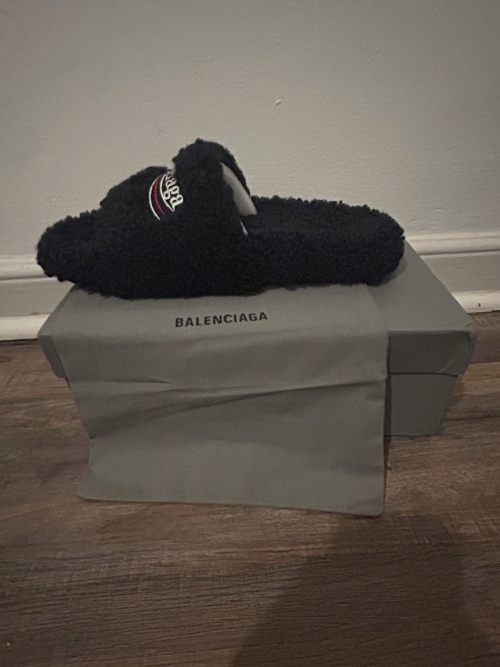 Black balenciaga plush slippers